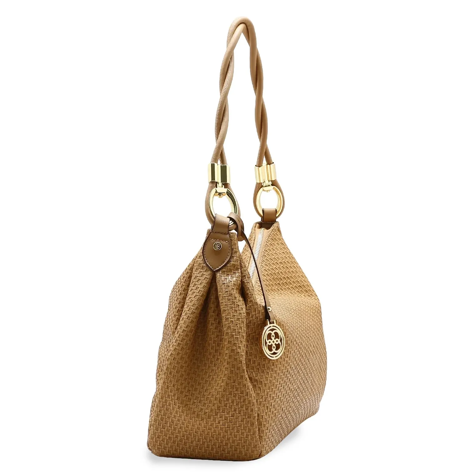 Bolsa Chenson marrom com textura trançada vista lateral mostrando volume e alça torcida com detalhes dourados